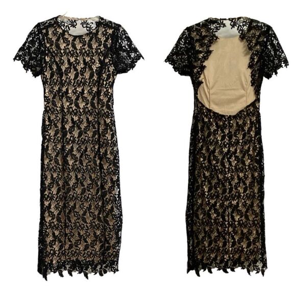 NSR Dresses & Skirts - NWOT NSR Open Back Lace Overlay Midi Dress Size M Black Beige Short Sleeve Fairy